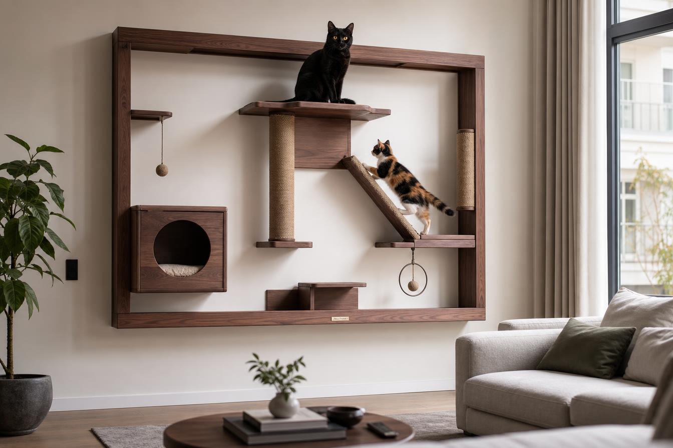Neko e Sakura brincando no alto do Miau Frame — playground de gato emoldurado como obra de arte em sala sofisticada
