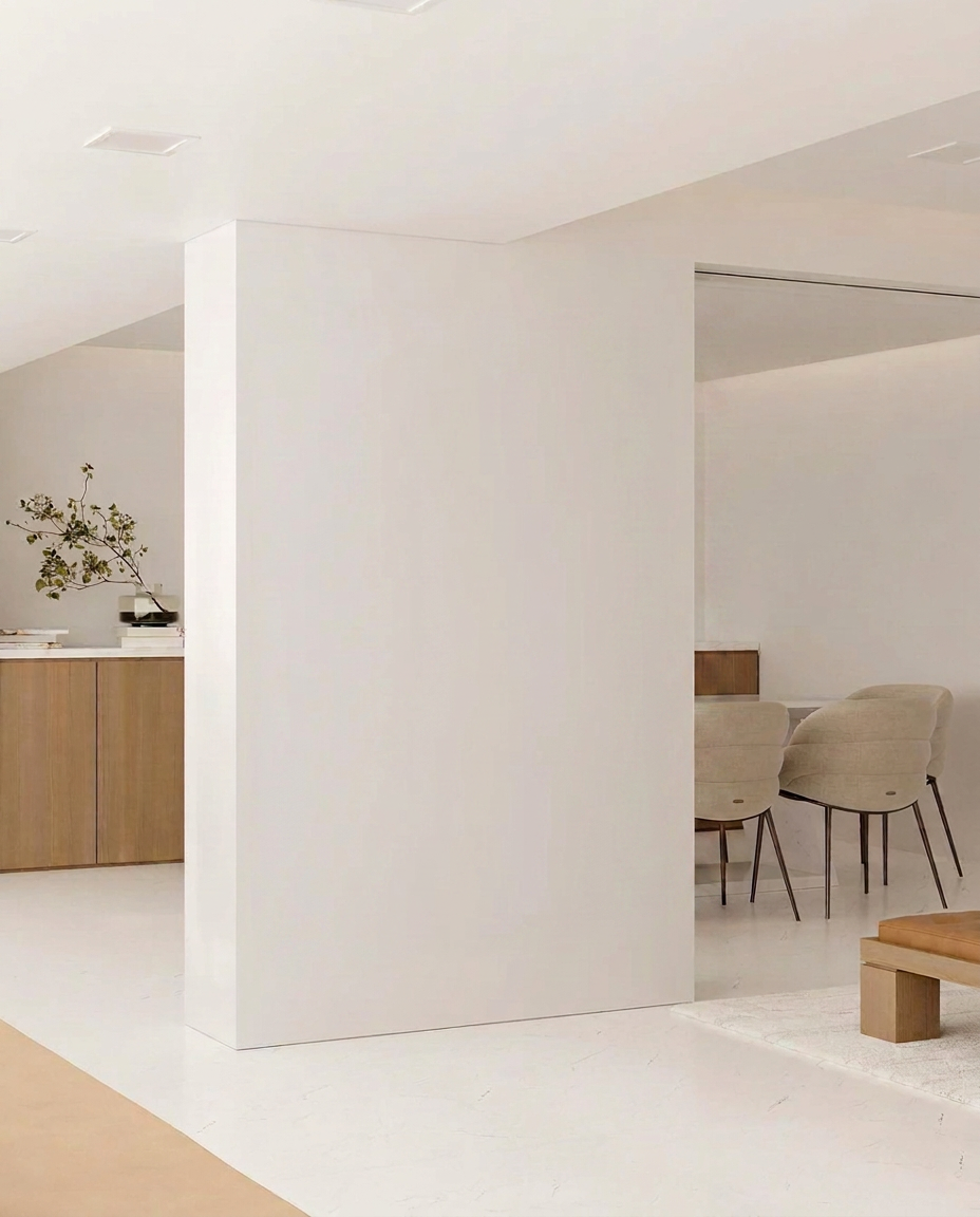 Apartamento moderno antes do Miau Frame — parede escura vazia atrás do sofá de couro