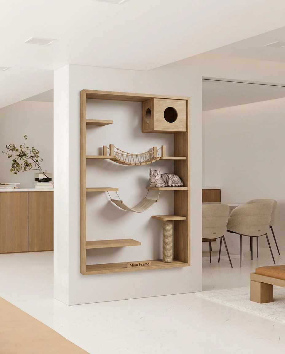 Apartamento moderno depois do Miau Frame — quadro vertical de gato do piso ao teto atrás do sofá