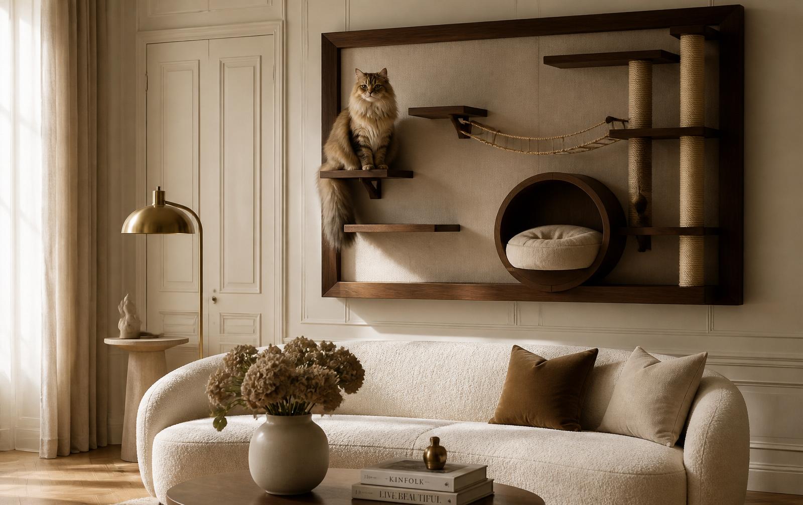 Gato elegante no Miau Frame — playground de gato emoldurado como obra de arte em sala sofisticada