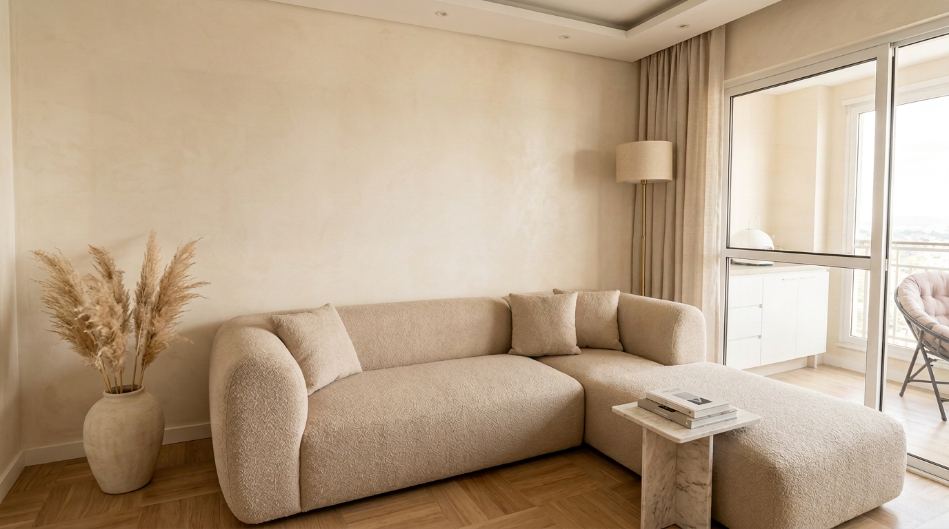 Sala antes do Miau Frame — parede vazia, mesma decoração